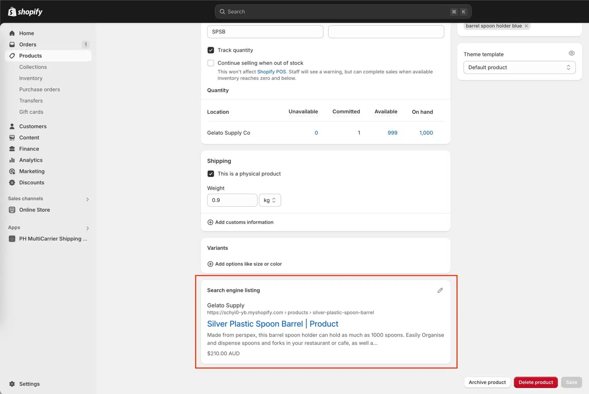 Shopify product editing page featuring inventory settings, shipping options, and search engine listing preview for a silver plastic spoon barrel—an essential tool for Australian businesses to streamline operations.