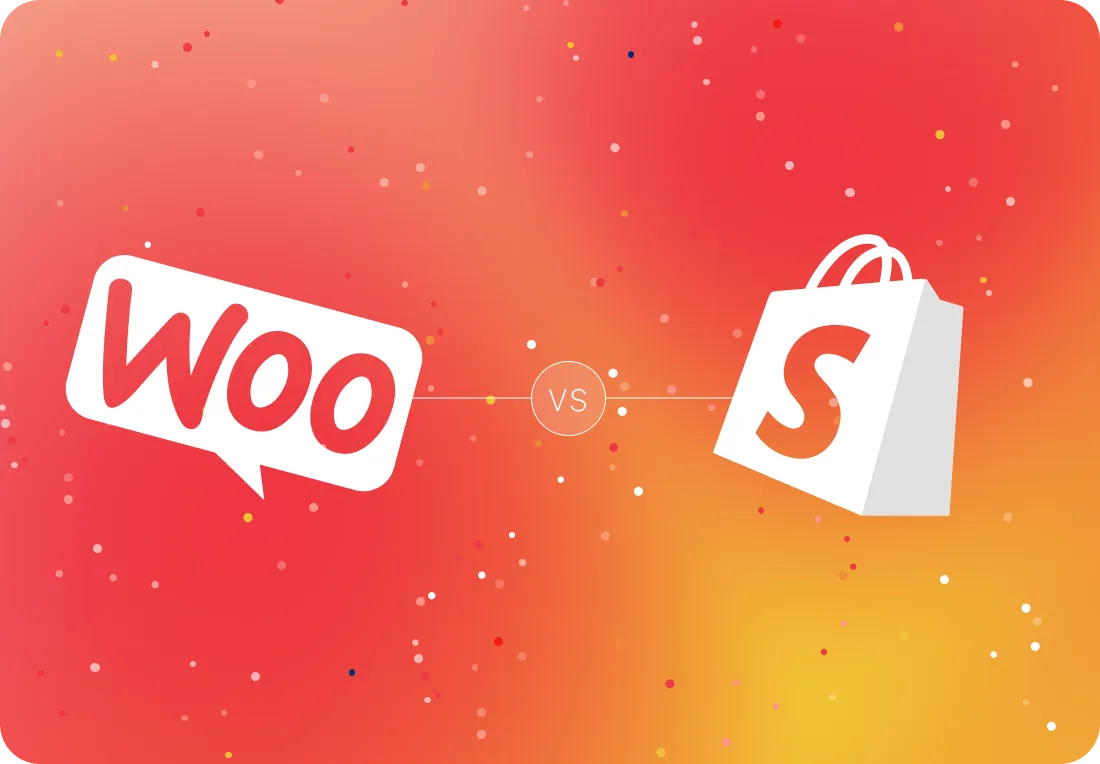 Illustration comparing WooCommerce and Shopify for Australian businesses on a red-orange background with scattered dots.
