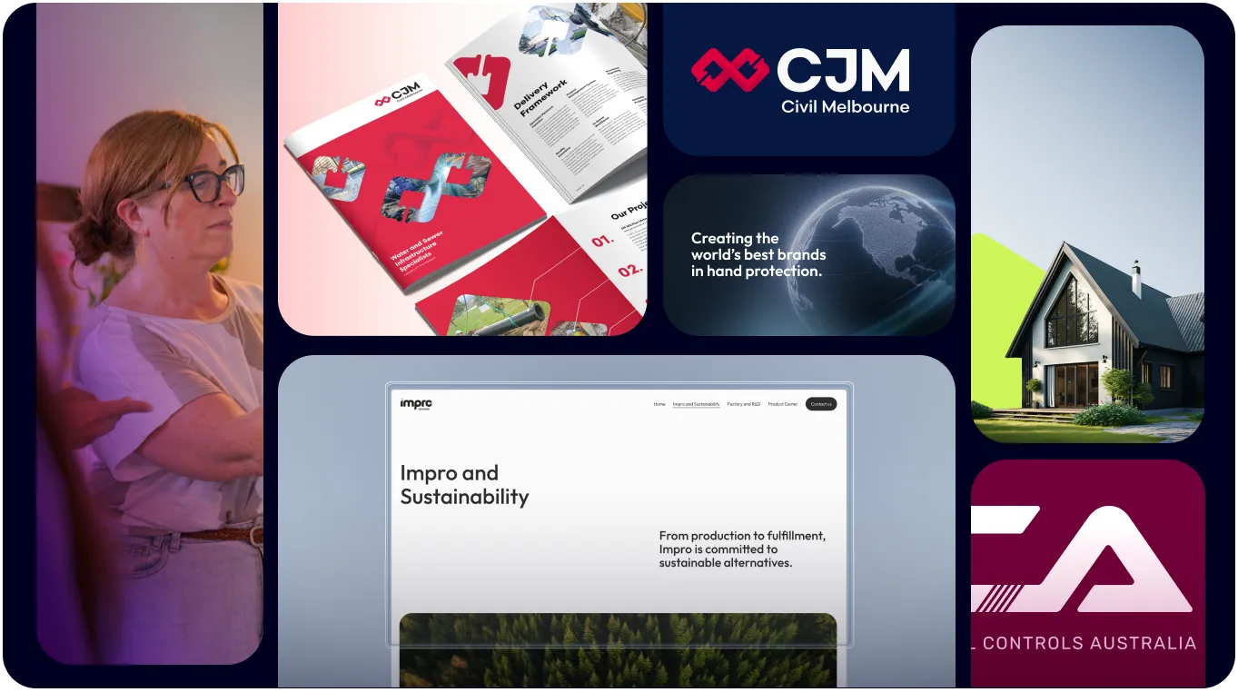 Collage featuring individuals, the CJM logo, brochures, a modern house, "Creating the world's best brands in hand protection" slogan, a webpage on sustainability, and CA Controls Australia logo—an inspiring vision from a small business branding agency.