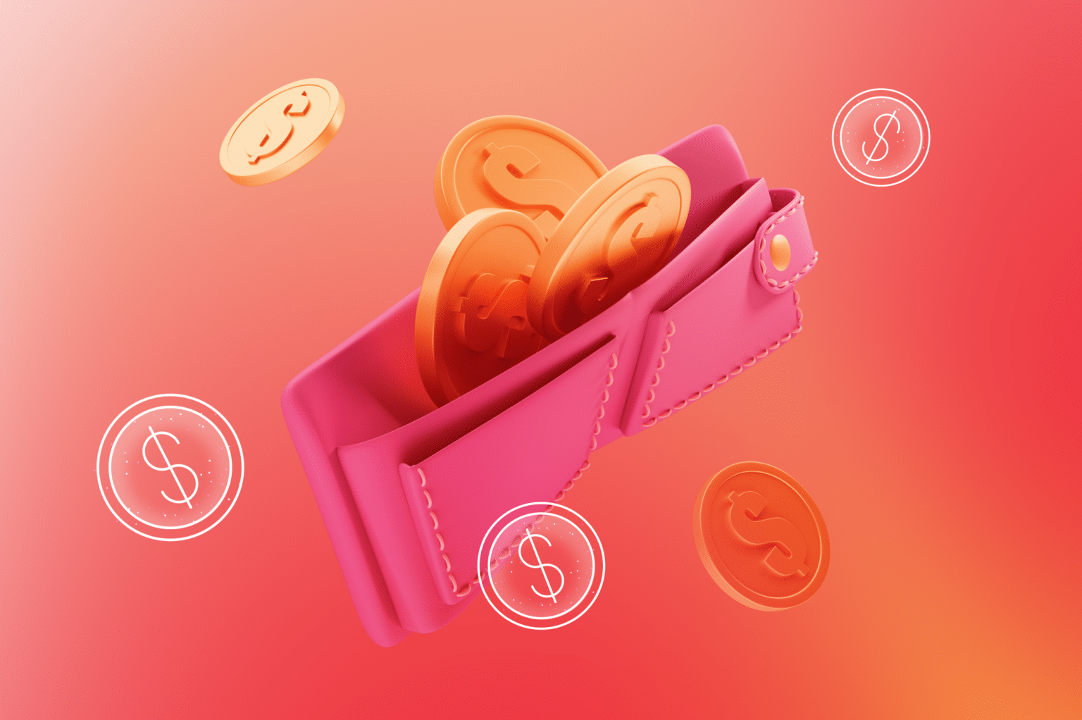 A pink wallet with orange coins emerging from it, surrounded by white dollar symbols, against a red gradient background—perfect for an eCommerce theme or adding flair to web design projects inspired by the vibrant culture of Australia.