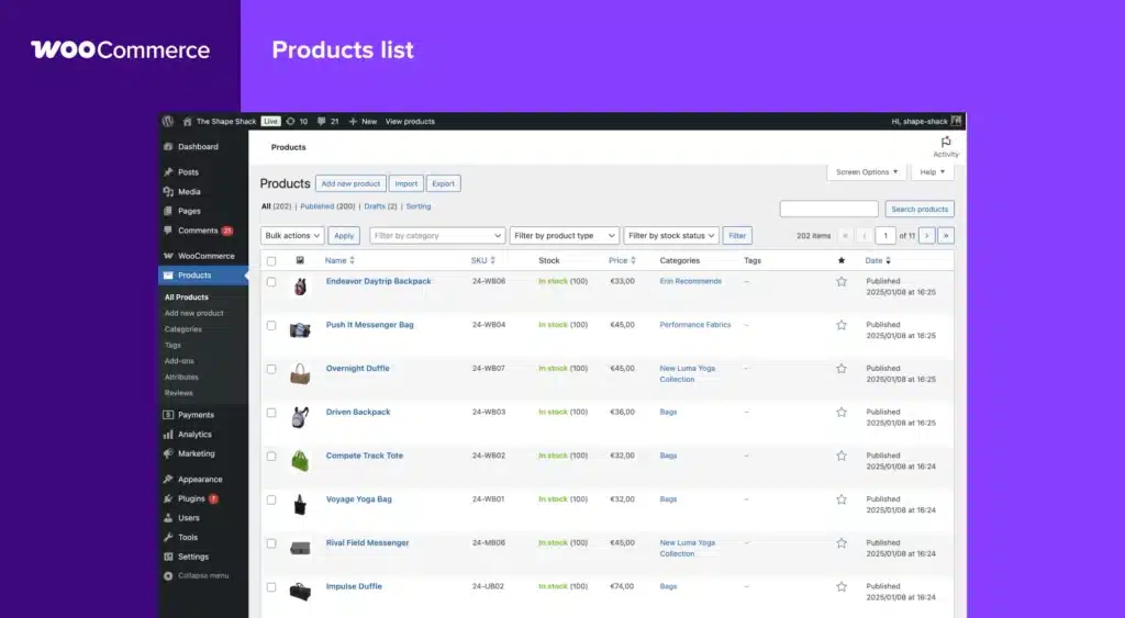 Screenshot of a WooCommerce Products list page, perfect for Australian businesses, showing a table with product names, SKUs, stock status, price, and categories. Various management options and filters are available.
