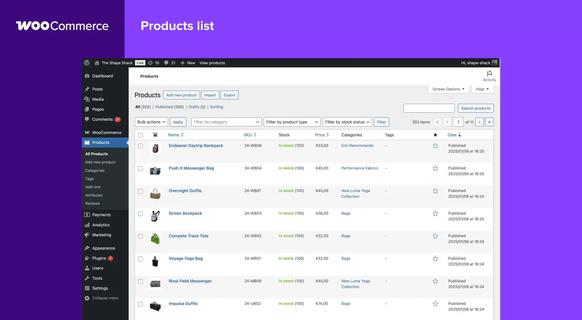 Screenshot of a WooCommerce Products list page, perfect for Australian businesses, showing a table with product names, SKUs, stock status, price, and categories. Various management options and filters are available.
