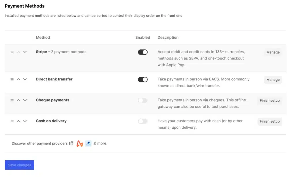 Screenshot of a payment methods settings page for WooCommerce, featuring options like Stripe, direct bank transfer, cheque payments, and cash on delivery. Ideal for Australian businesses looking to streamline transactions with easy toggles and management buttons.
