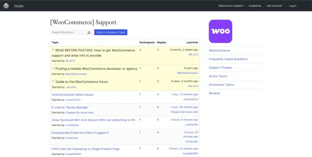 WooCommerce support forum page featuring diverse topics with participant and reply counts, plus highlighted instructions on finding a developer or agency. Perfect for Australian businesses transitioning from Shopify, seeking expert guidance and community insights.