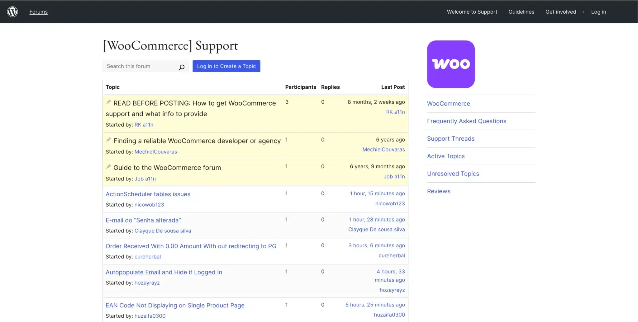 WooCommerce support forum page featuring diverse topics with participant and reply counts, plus highlighted instructions on finding a developer or agency. Perfect for Australian businesses transitioning from Shopify, seeking expert guidance and community insights.