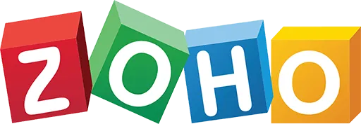 Block letters spelling "ZOHO" in colorful, tilted cubes, each on a different hue—red, green, blue, and yellow—symbolizing seamless business growth and integrated marketing.