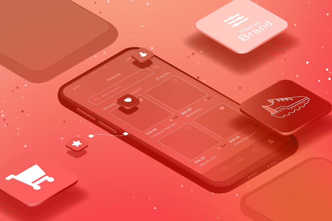 Abstract illustration of a smartphone screen showcasing an eCommerce app interface with floating icons for a cart, a star, and a shoe on a red gradient background.