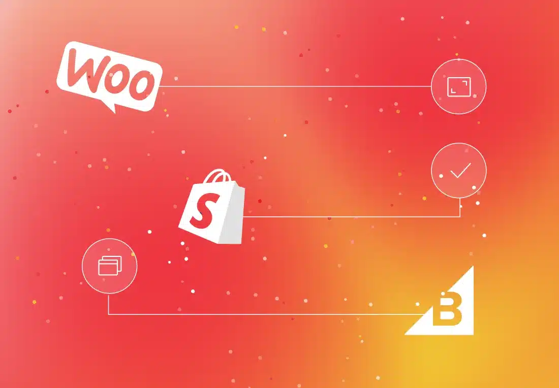 A stylized graphic showcases the logos of WooCommerce, Shopify, and BigCommerce interconnected on a gradient red-orange background with dots, illustrating how Australian businesses can leverage these powerful eCommerce CMS platforms to create their perfect eCommerce solutions.