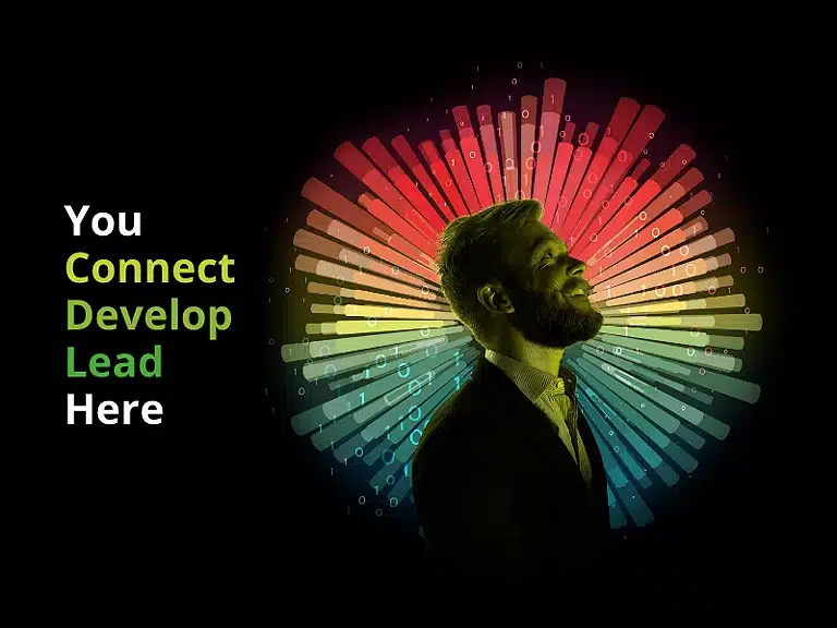 Silhouette of a bearded man in profile with colorful radial lines. Text reads: "You Connect Develop Lead Here." Embrace your unique brand identity.