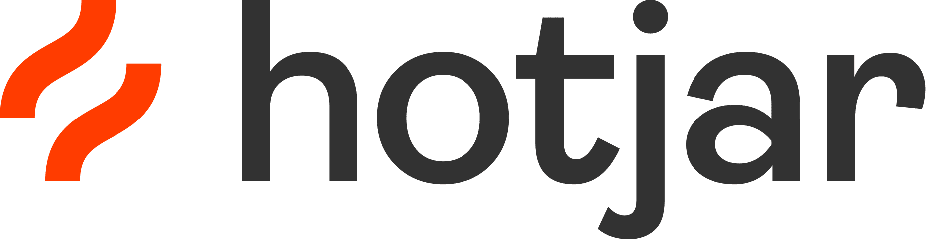 Hotjar logo featuring two red abstract shapes on the left, seamlessly connecting systems with the word "hotjar" in bold black text on the right.