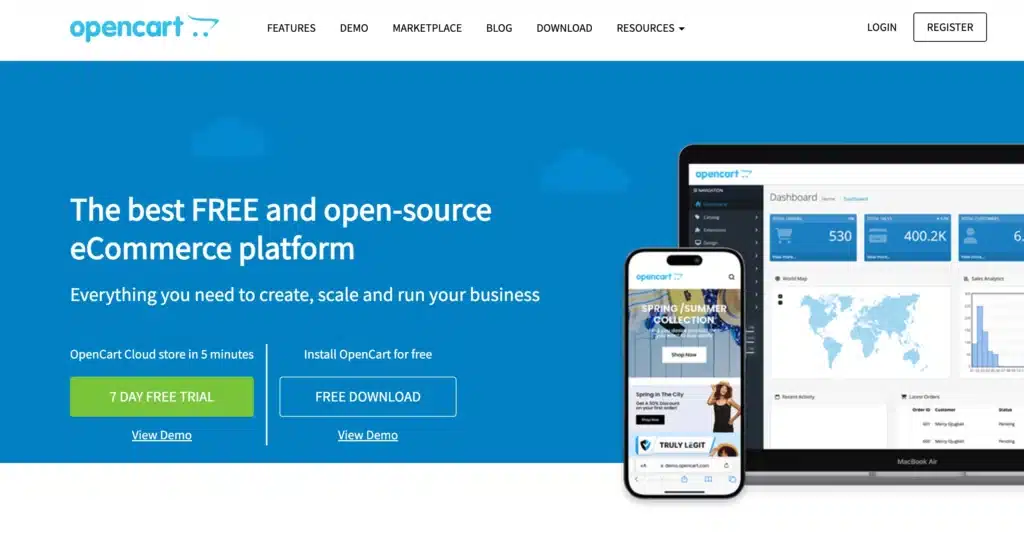 The OpenCart website homepage showcases options to download or demo the perfect eCommerce CMS. It displays computer and smartphone screens with the software interface, making it an ideal solution for Australian businesses seeking a robust open-source platform.