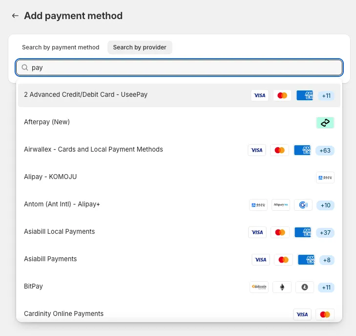 Explore our payment methods interface, perfect for Australian businesses using WooCommerce or Shopify. Easily search and filter by method or provider—options like Visa, Mastercard, Airwallex, and Alipay come with icons and user ratings for seamless integration.