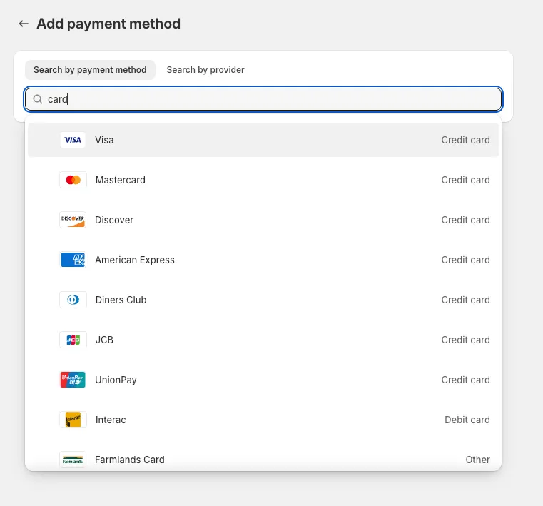 Entering "card" in the search bar reveals credit card options like Visa, Mastercard, and Discover under "Add payment method," seamlessly integrating with platforms like WooCommerce for Australian businesses.