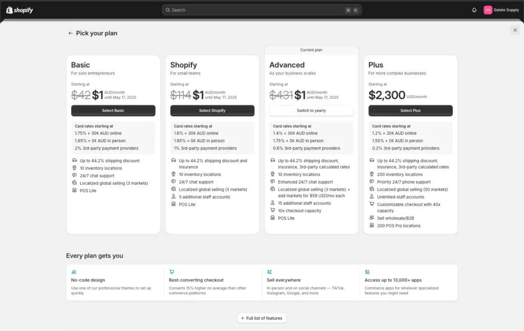 A chart showcasing four Shopify pricing plans—Basic, Shopify, Advanced, and Plus—tailored for Australian businesses. Each plan outlines monthly costs, features like staff accounts and inventory locations, and includes a button to select your ideal plan.