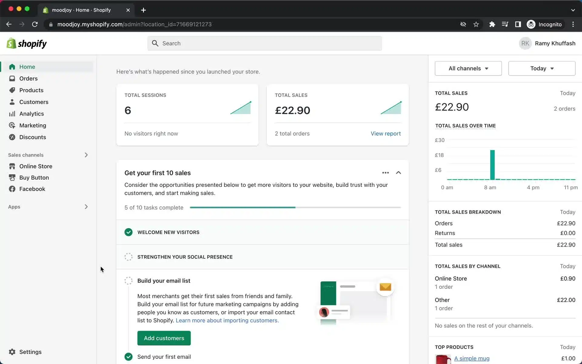 The Shopify dashboard showcases total sales of £22.90, with 6 sessions from 2 orders. Perfect for Australian businesses, the page offers tips to attract customers and boost social presence.