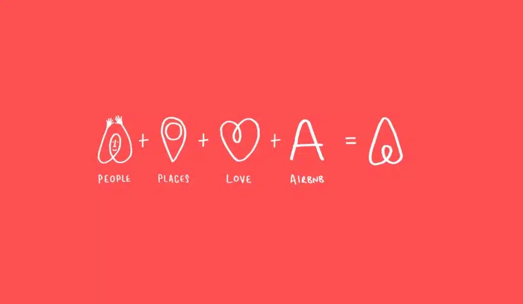 Illustration highlighting the Airbnb logo's essence: people, places, love, and the letter 'A', seamlessly blending to define its brand identity on a red background.