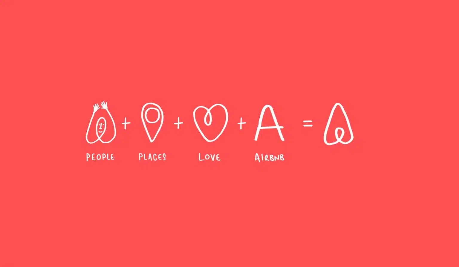Illustration highlighting the Airbnb logo's essence: people, places, love, and the letter 'A', seamlessly blending to define its brand identity on a red background.