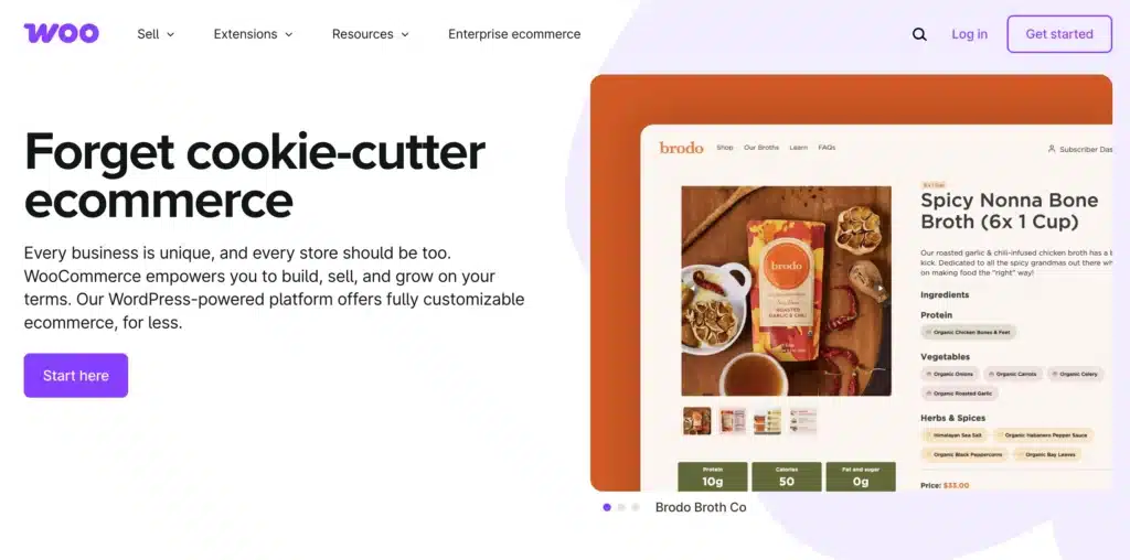 The WooCommerce page highlights "Forget cookie-cutter ecommerce" with an image showcasing broth product nutritional info, designed to promote customizable online store solutions through the perfect CMS for Australian businesses.