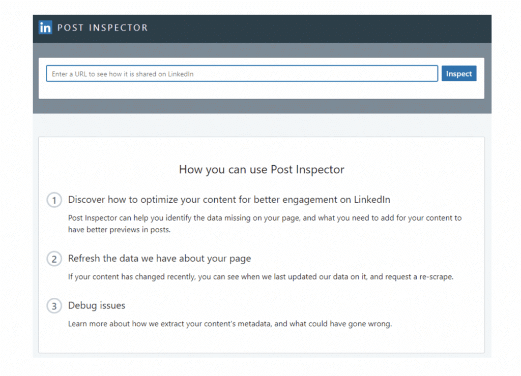 LinkedIn Post Inspector tool interface featuring a URL input field and three instructions for optimizing, refreshing, and debugging your LinkedIn Post or WordPress Page Link Preview.