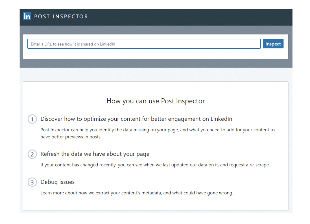 LinkedIn Post Inspector tool interface featuring a URL input field and three instructions for optimizing, refreshing, and debugging your LinkedIn Post or WordPress Page Link Preview.