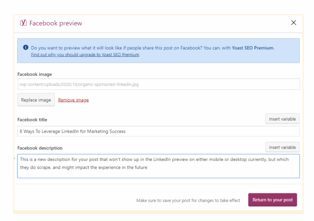 A screenshot of the Yoast SEO Facebook preview interface in WordPress, displaying fields for image, title, and description with entered text about LinkedIn marketing and Page Link Preview settings.