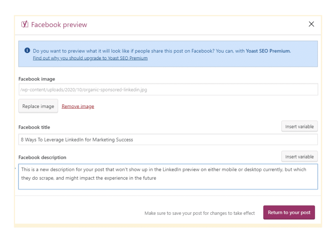 A screenshot of the Yoast SEO Facebook preview interface in WordPress, displaying fields for image, title, and description with entered text about LinkedIn marketing and Page Link Preview settings.