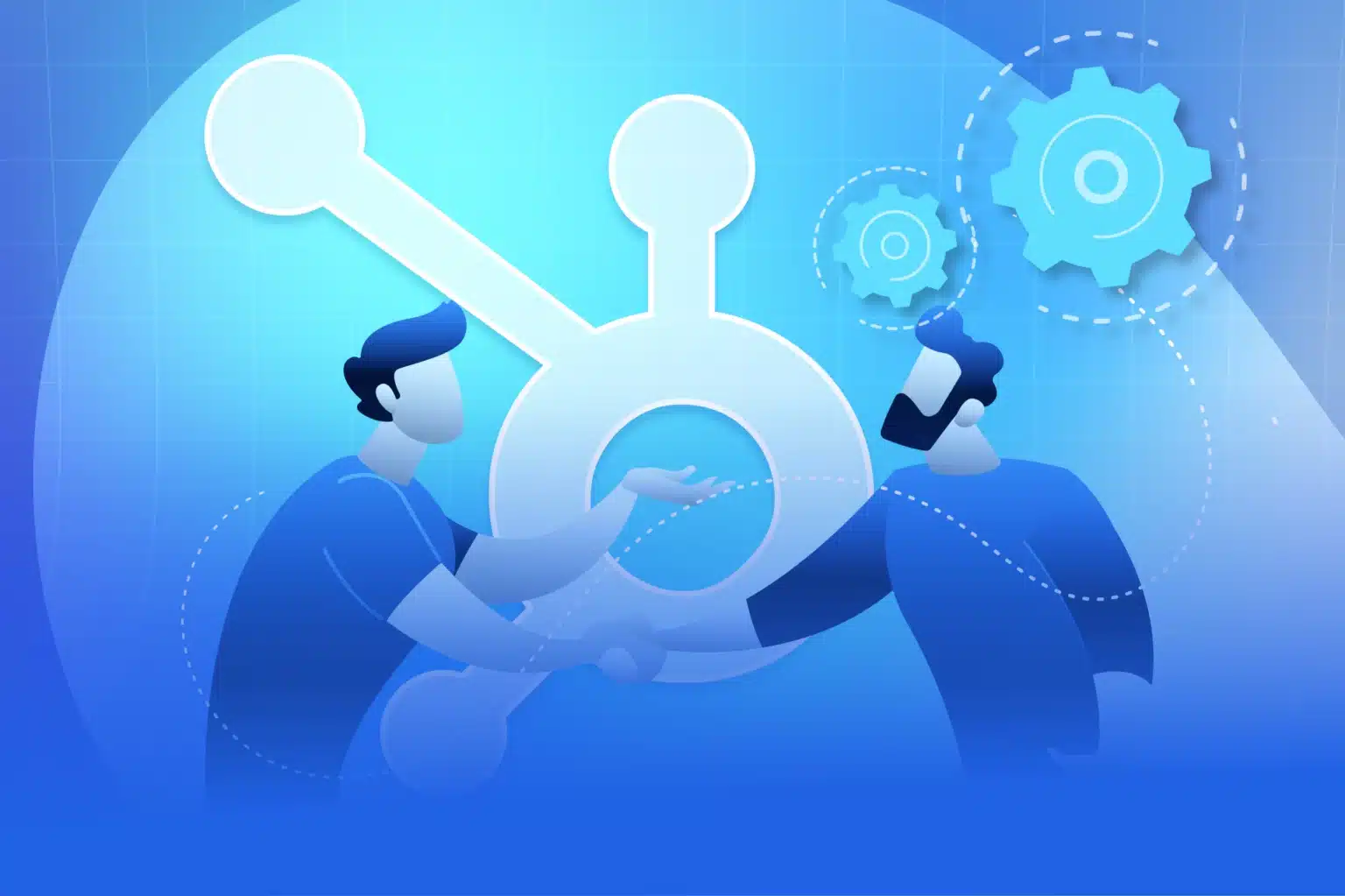 Two illustrated people shake hands in front of a large hubspot logo, with smaller gears floating above, suggesting business collaboration or partnership to boost SEO and organic traffic.