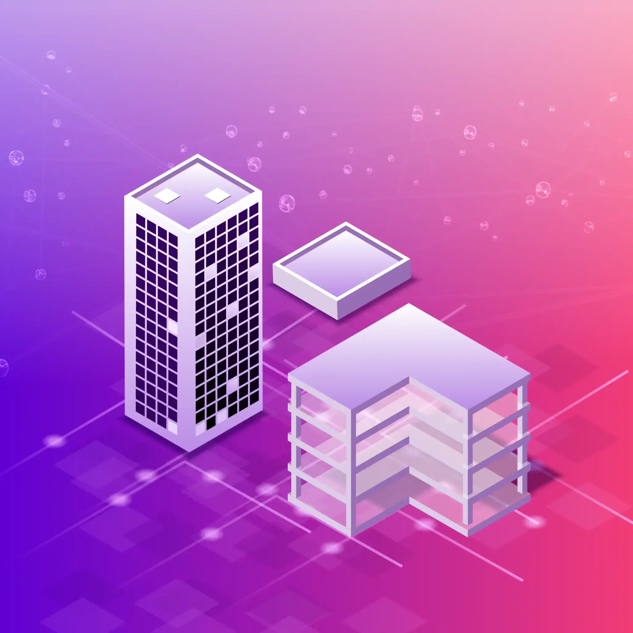 Isometric illustration of three modern buildings on a gradient pink and purple background with digital network elements, ideal for showcasing rebranding concepts for Tier 2 Construction Firms.