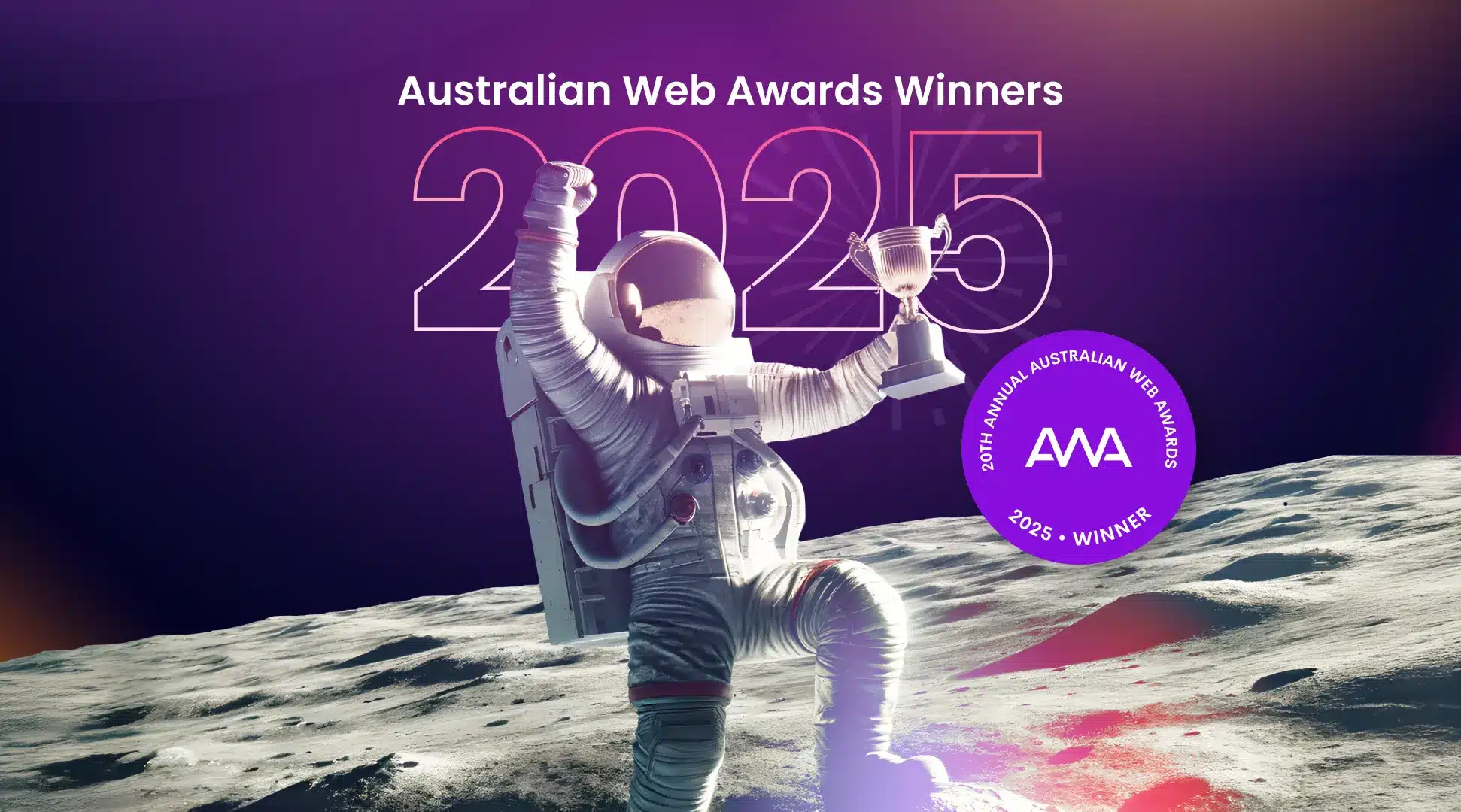 An astronaut holding a trophy stands on the moon with "Australian Web Awards Winners 2025," a 2025 winner badge, and the Spark Interact logo glowing in the background.