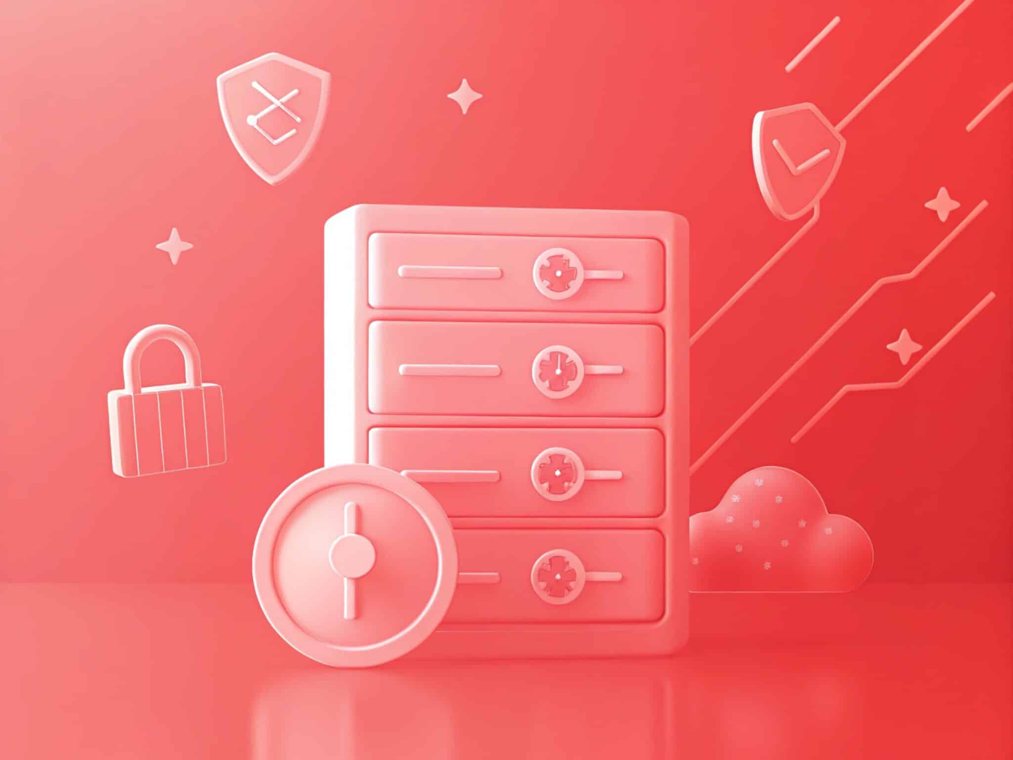 3D illustration of a secure server with vault doors, shield icons, a padlock, and cloud symbol—perfectly capturing data protection in Ecommerce Website Hosting—all rendered in a bold monochromatic red color scheme.
