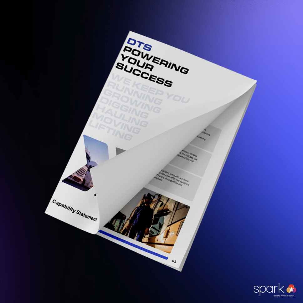 An open booklet titled "DTS Powering Your Success," featuring images and text, is displayed on a dark gradient background with the Spark logo in the bottom right corner—highlighting DTS as a true commercial powerhouse.