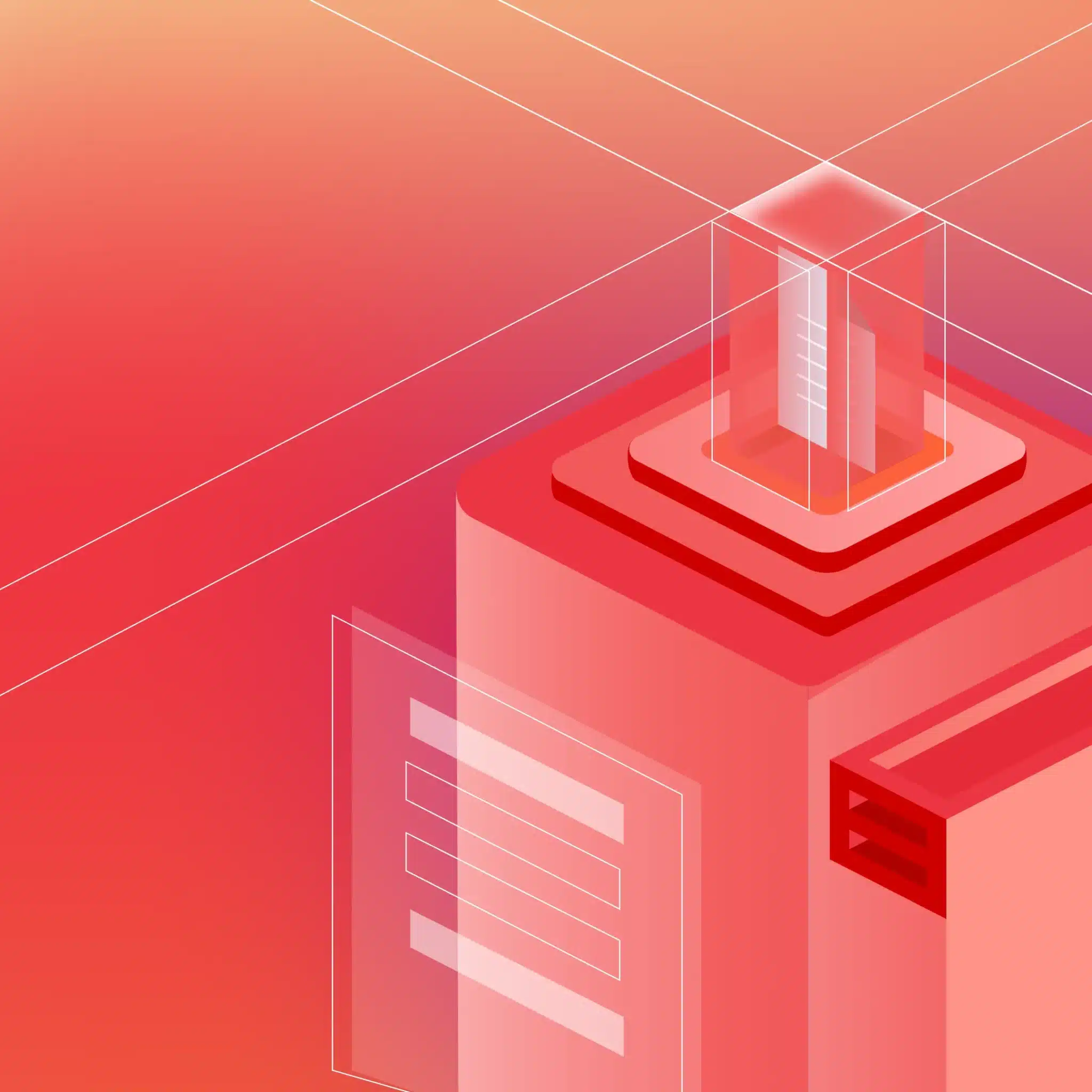 Abstract illustration of a red and pink 3D box with layered elements, transparent panels, and white lines against a gradient background—perfect for visualizing Data Server Management concepts or how to Boost Performance with secure systems.