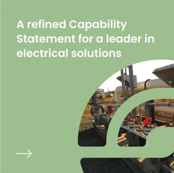 Text overlay reads, "A refined Capability Statement for a business leader in electrical solutions." Background shows industrial electrical equipment with curved graphic elements, highlighting the importance of updating outdated documents.