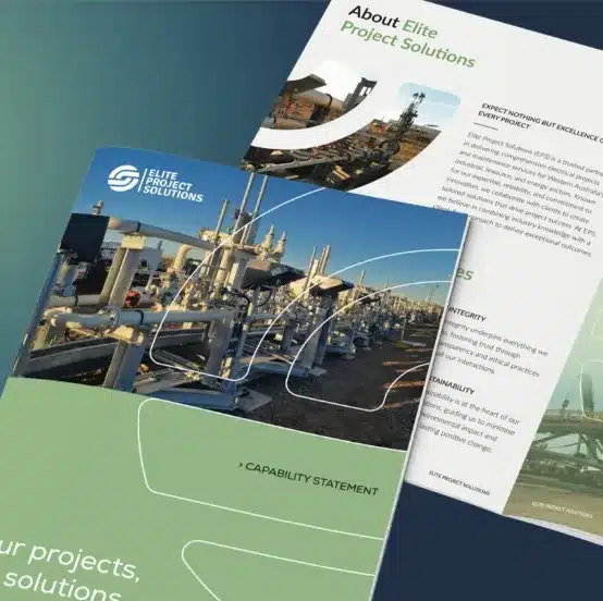 Two business brochures for Elite Project Solutions featuring industrial equipment imagery and sections about the company’s capabilities, services, and a Capability Statement Audit to help identify outdated documents.