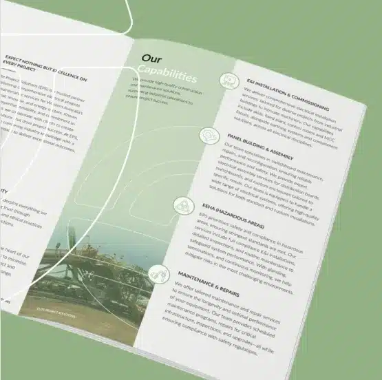 Open brochure displaying a section titled "Our Capabilities," featuring business insights and a photo of industrial machinery on a green background—ideal for Capability Statement Audit or updating outdated documents.