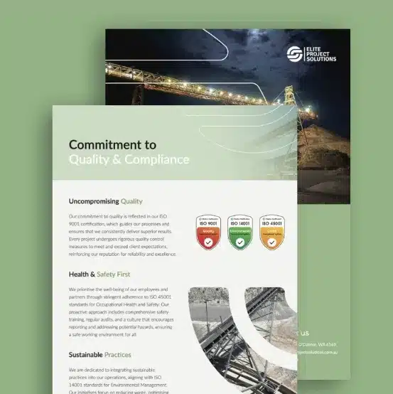 A corporate brochure page highlighting commitment to quality and compliance, featuring badges for ISO certifications, images of industrial infrastructure at night, and a focus on business excellence through rigorous Capability Statement Audit processes.