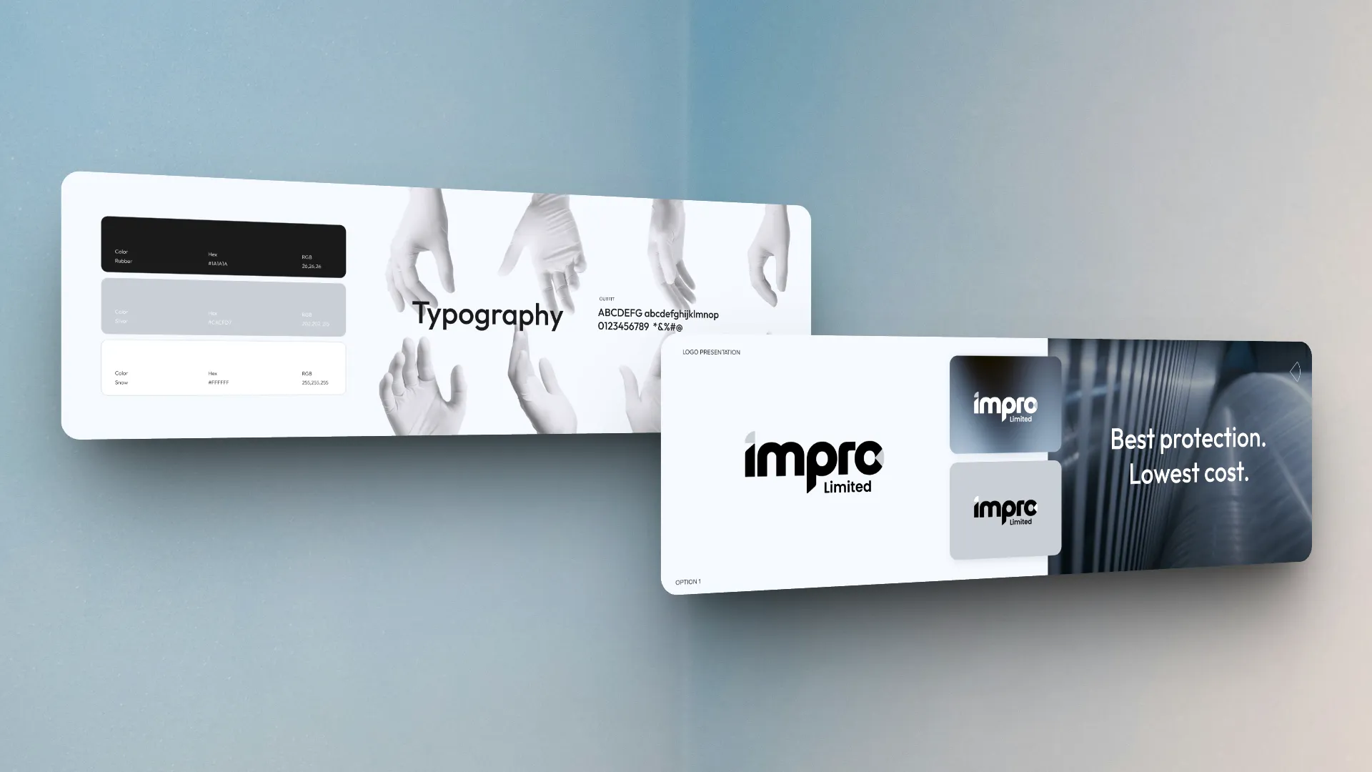 Two overlapping digital panels display branding materials, including typography samples, hands graphics emphasizing hand protection, and the logo "imprc Limited" with the tagline "Best protection. Lowest cost.