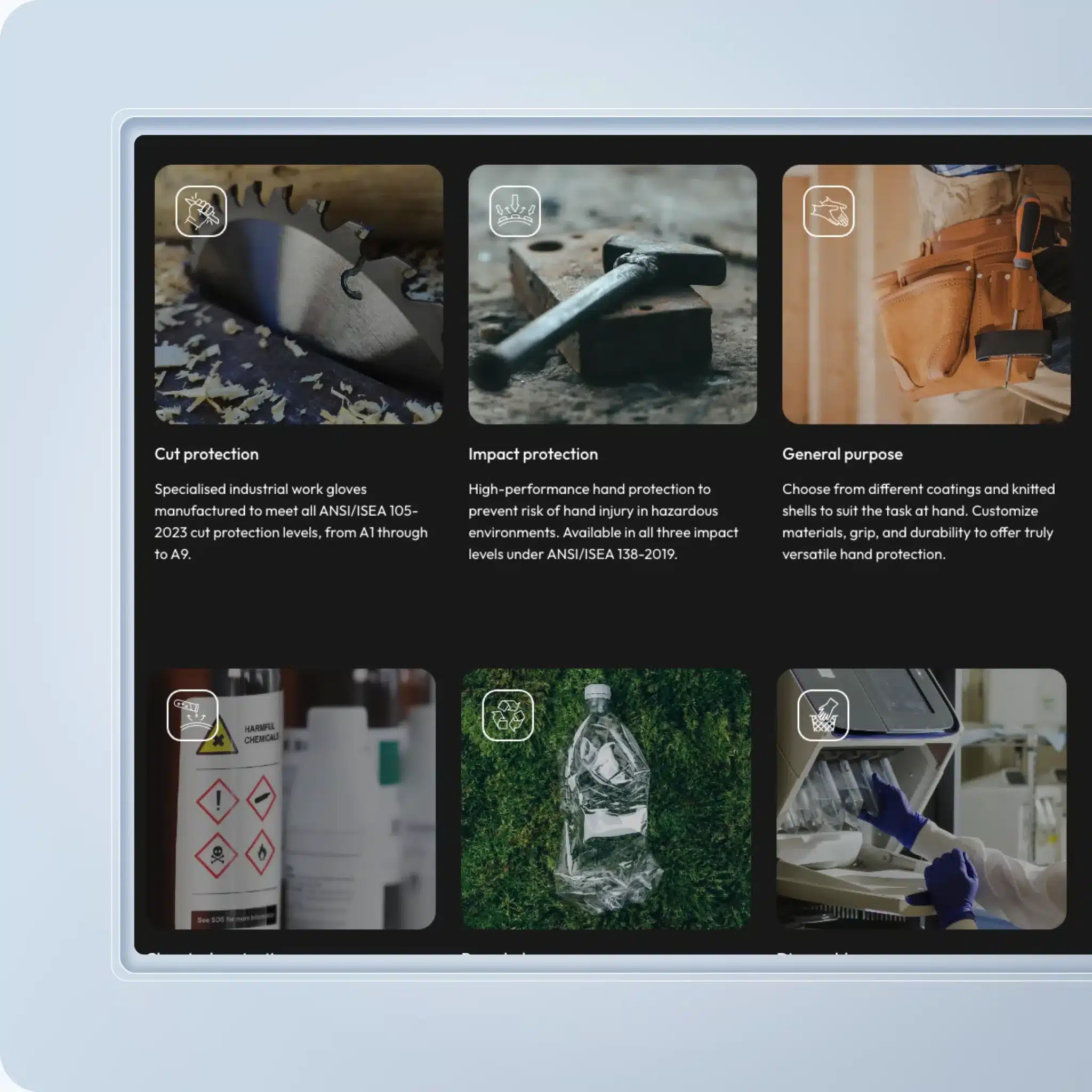 A display with six sections showcases types of industrial hand protection: cut protection, impact protection, general purpose, and images of gloves, chemicals, and protective gear—delivering a premium experience by Impro Limited.