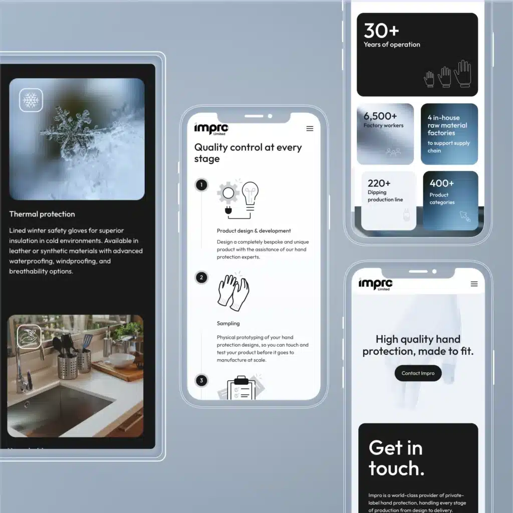 Four smartphone screens display Impro Limited's website, showcasing industrial hand protection, product quality, thermal protection, contact details, and key company statistics for a premium experience.