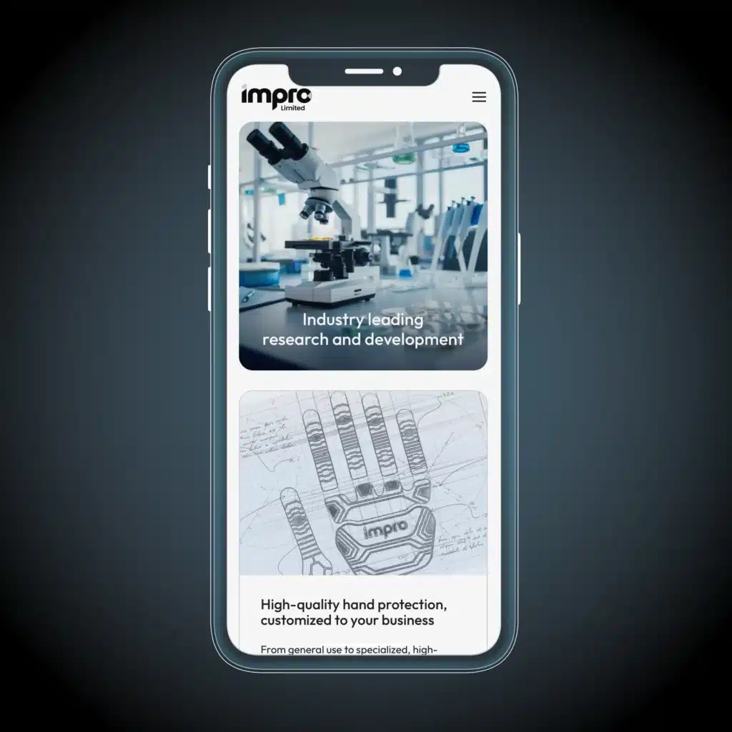A smartphone screen displays a website featuring Impro Limited’s industrial hand protection products and microscope imagery, highlighting research and development alongside customized safety solutions for a premium experience.