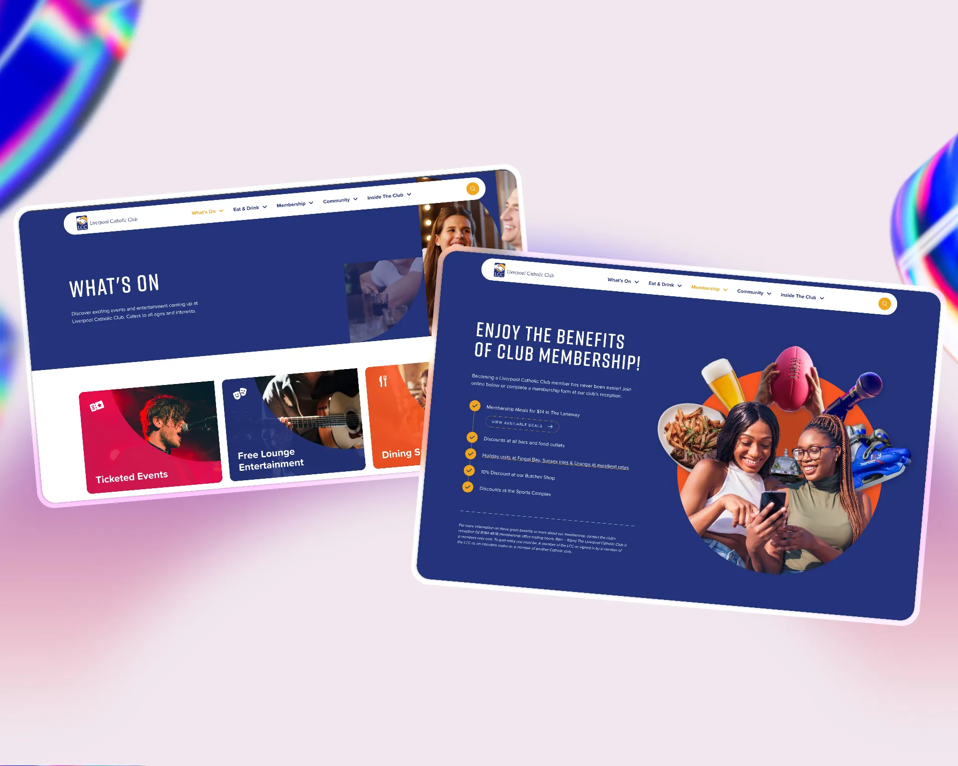 Two digital screens display the new website for Liverpool Catholic Club; one shows event information while the other, designed by Spark Interact, highlights club membership benefits with engaging images of people and activities.