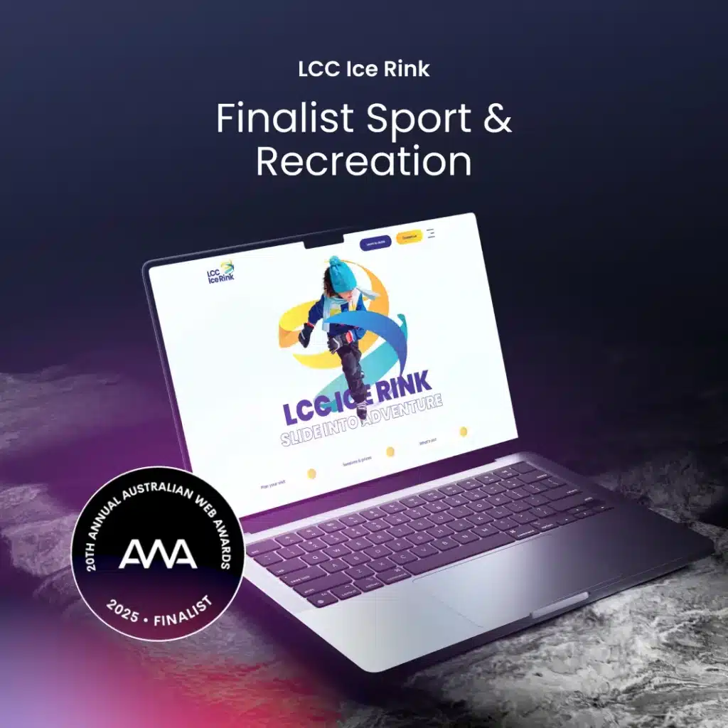 A laptop displaying the LCC Ice Rink website sits on a dark surface. Text reads "Finalist Sport & Recreation" for the 2025 Australian Web Awards, showcasing the spark of excellence in web design.