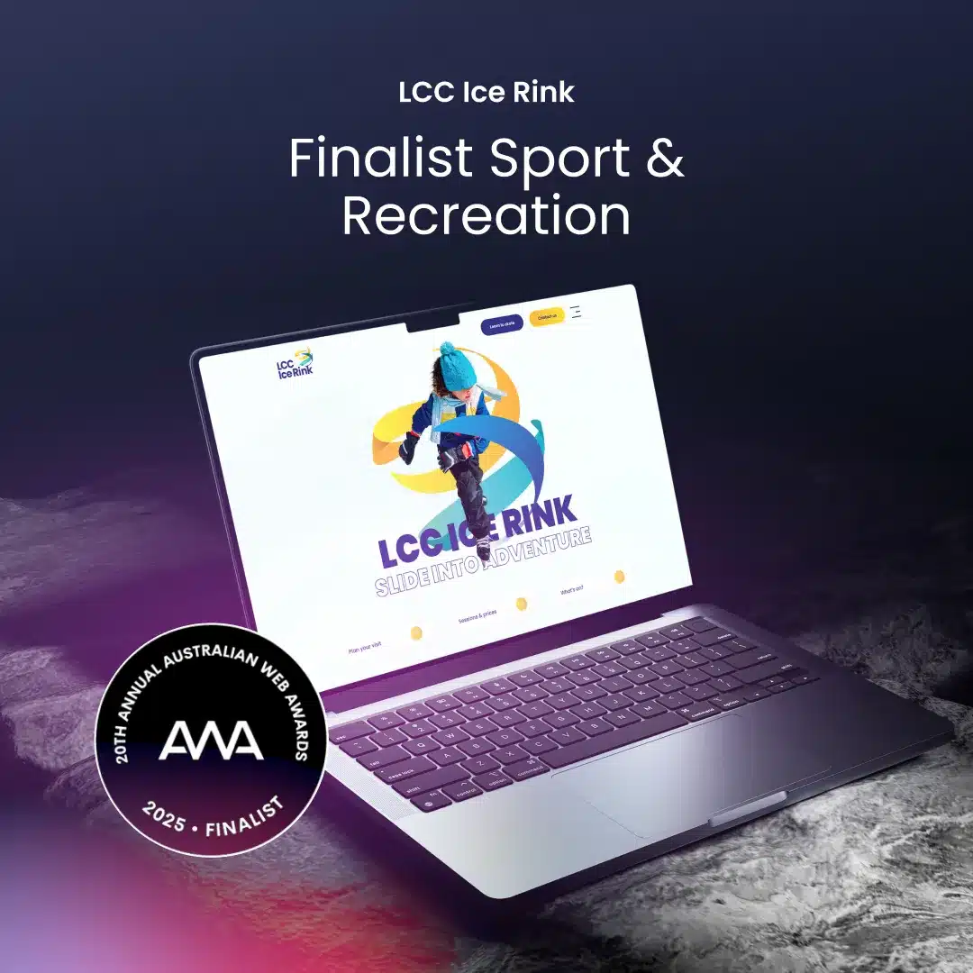 A laptop displaying the LCC Ice Rink website sits on a dark surface. Text reads "Finalist Sport & Recreation" for the 2025 Australian Web Awards, showcasing the spark of excellence in web design.