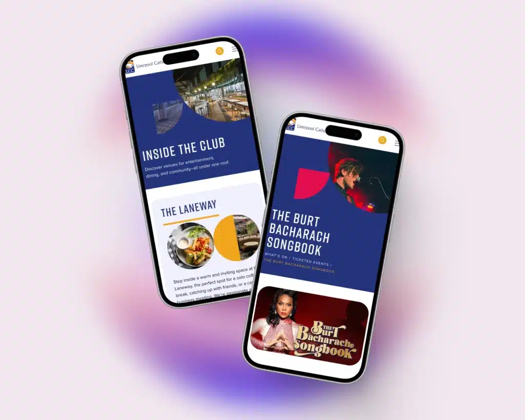 Two smartphones display the new website for Liverpool Catholic Club, designed by Spark Interact, featuring event information and images such as "Inside the Club" and "The Burt Bacharach Songbook" sections.