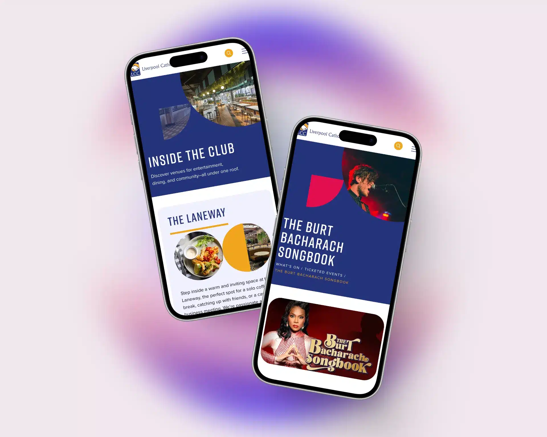 Two smartphones display the new website for Liverpool Catholic Club, designed by Spark Interact, featuring event information and images such as "Inside the Club" and "The Burt Bacharach Songbook" sections.