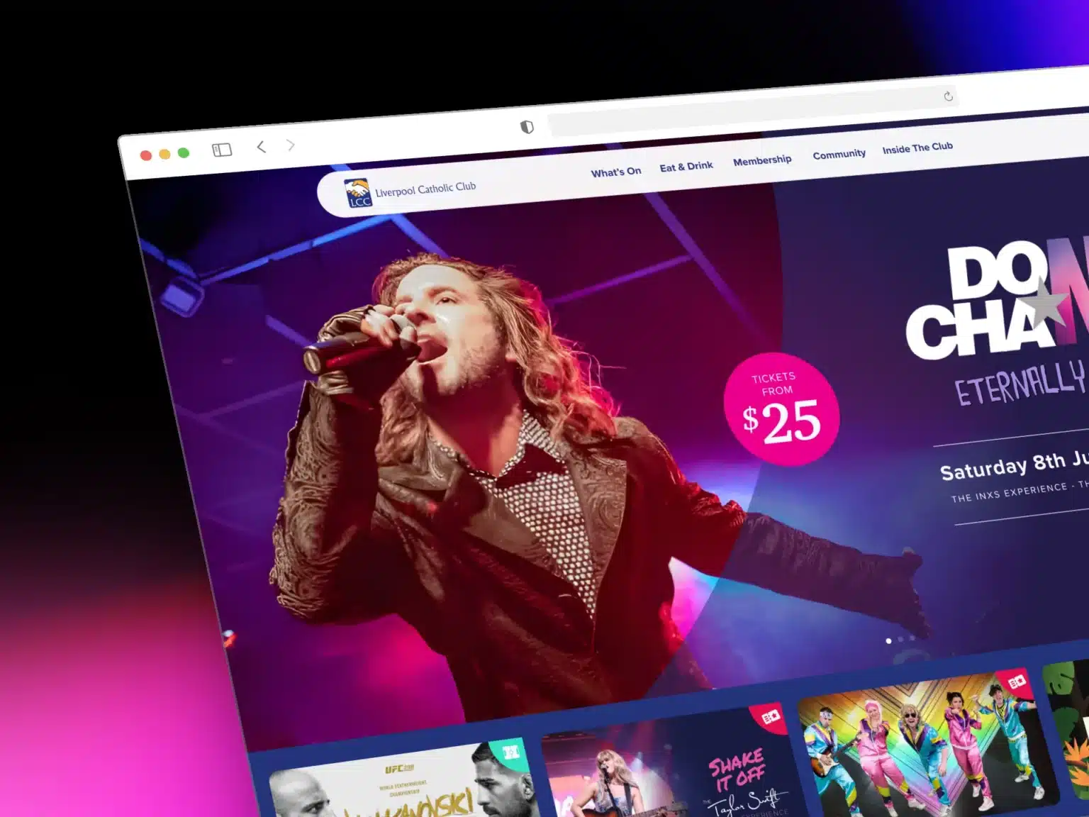 A new website page for the Liverpool Catholic Club showcases an event promotion featuring a singer performing with a microphone and a banner advertising tickets starting from $25, crafted by Spark Interact.