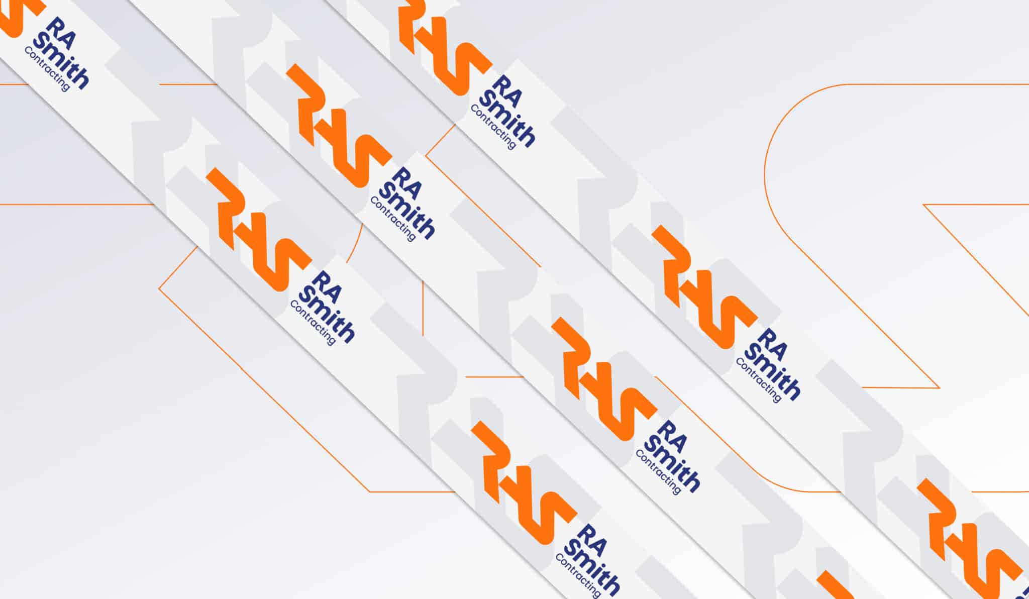 Diagonal bands with orange "RAS" lettering and blue "RA Smith" logos alternate on a light background featuring faint geometric patterns and orange outlines, reflecting RA Smith’s brand transformation and future-ready identity.