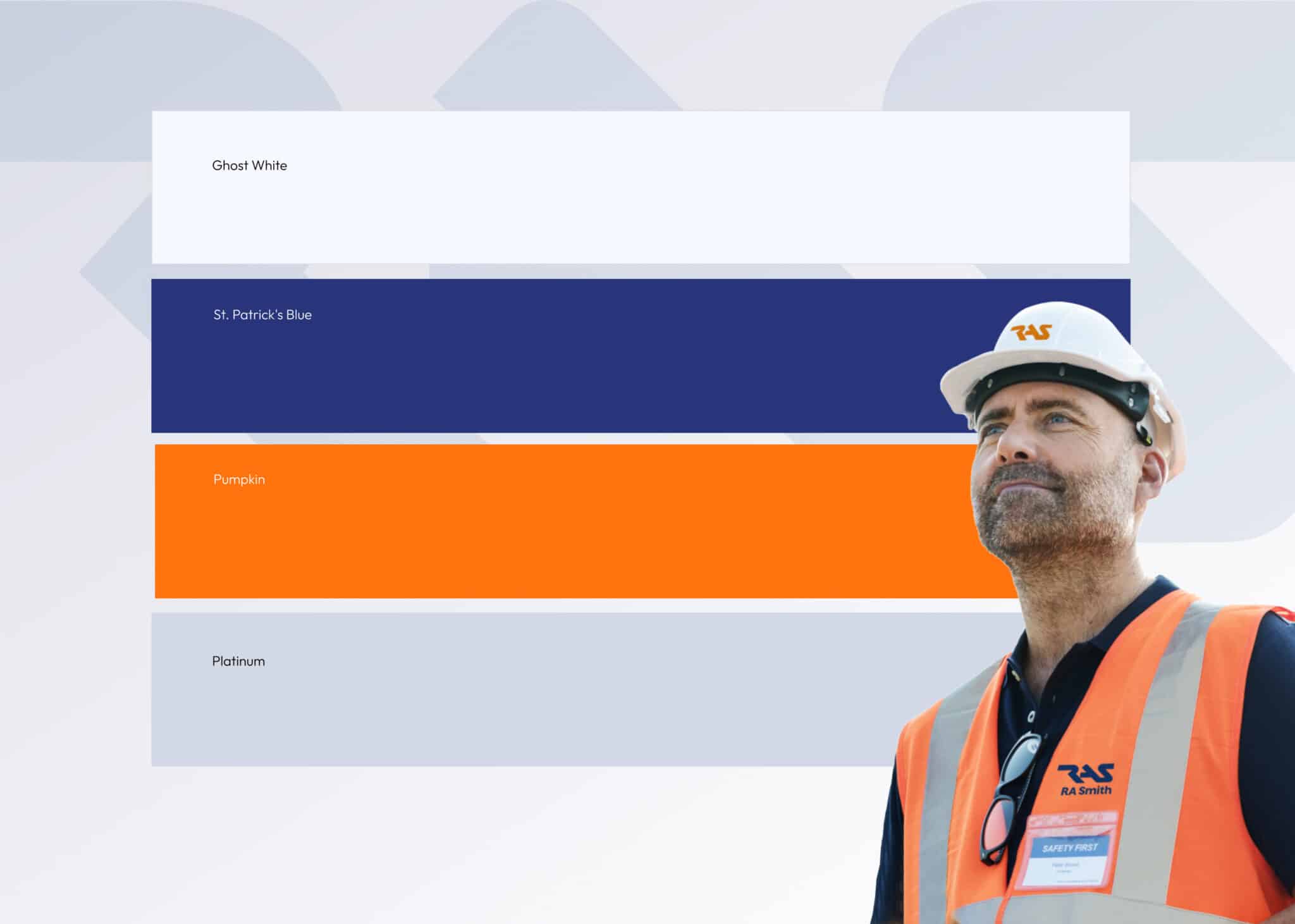 A man in a hard hat and orange safety vest stands in front of horizontal color swatches labeled Ghost White, St. Patrick's Blue, Pumpkin, and Platinum, reflecting RA Smith’s brand transformation into a future-ready company.