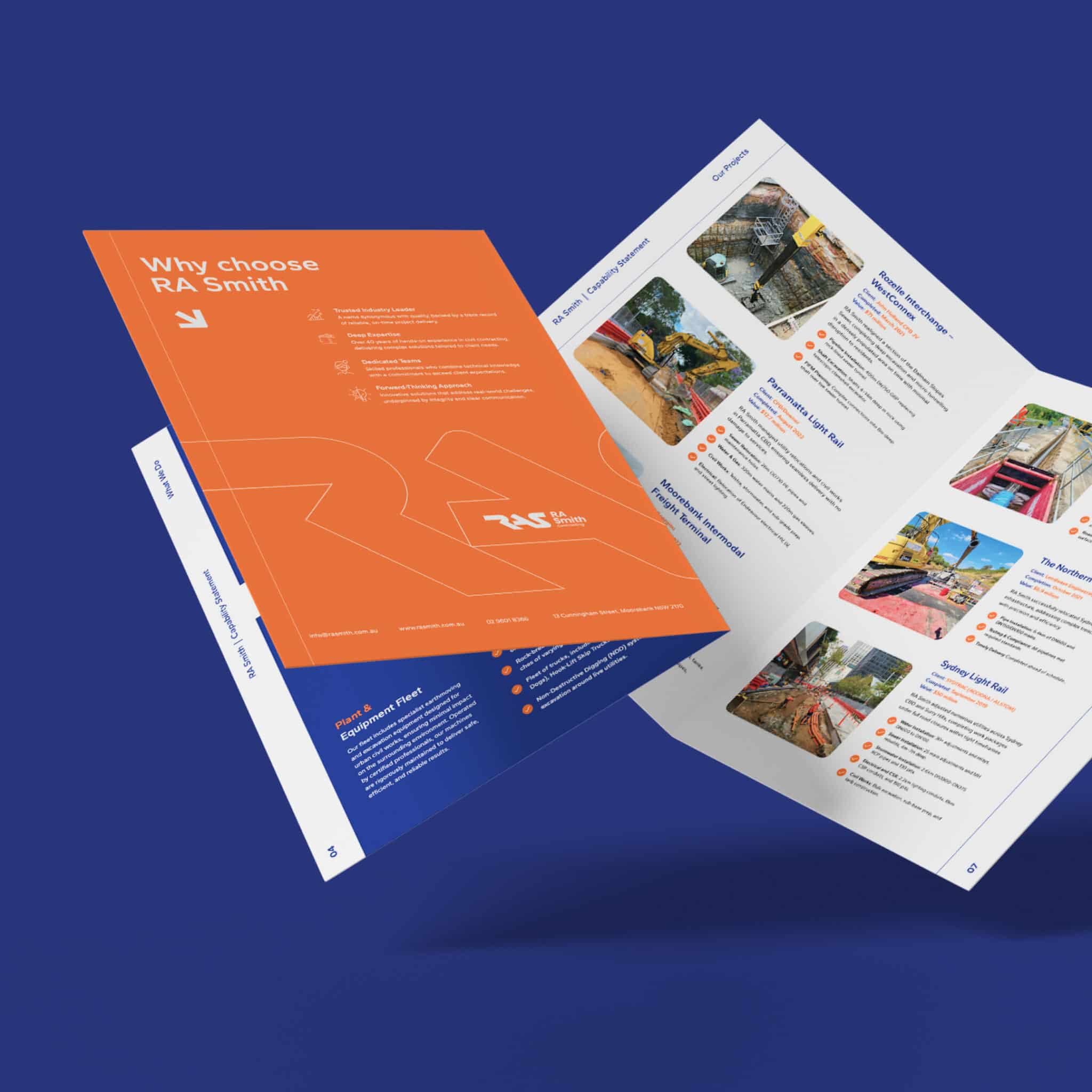 A two-page RA Smith brochure with an orange cover showcases brand transformation and an open spread displaying project images and service descriptions, all set against a blue background for a future-ready appeal.