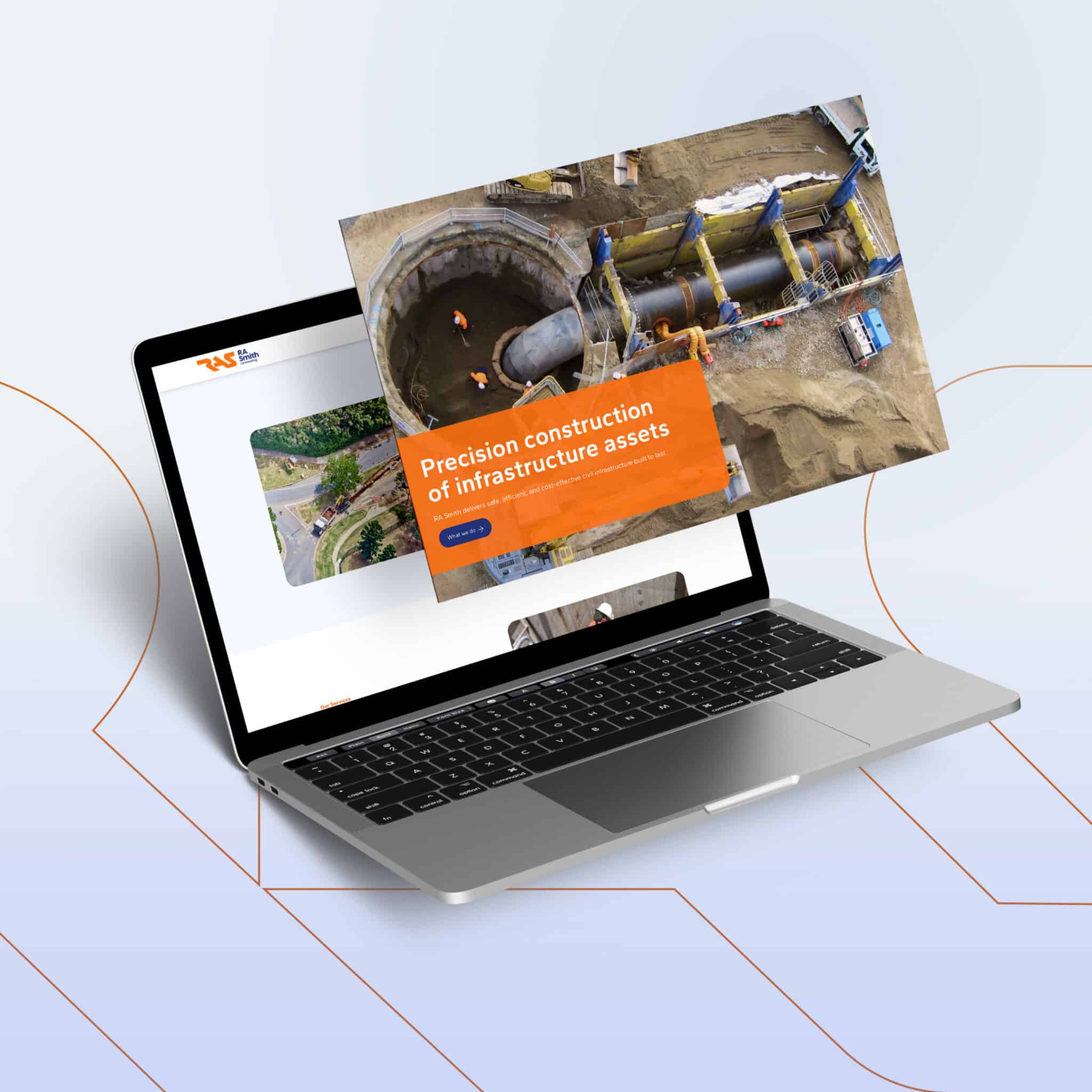 A laptop displays a website, while an image of a construction site with workers and machinery hovers above the screen, reflecting RA Smith’s future-ready approach to brand transformation.